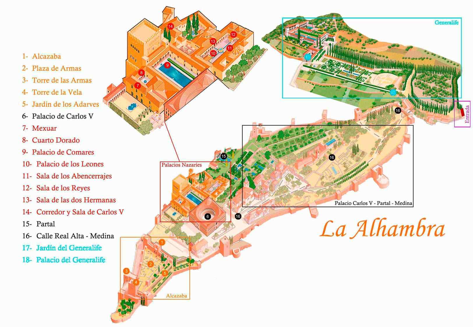 Plano del recinto de la Alhambra con la Alcazaba, los Palacios Nazaríes, el Generalife y el Palacio de Carlos V