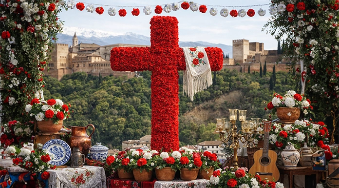 Flower-decorated cross in a Granada plaza during Cruces de Mayo, surrounded by lights and bunting at dusk